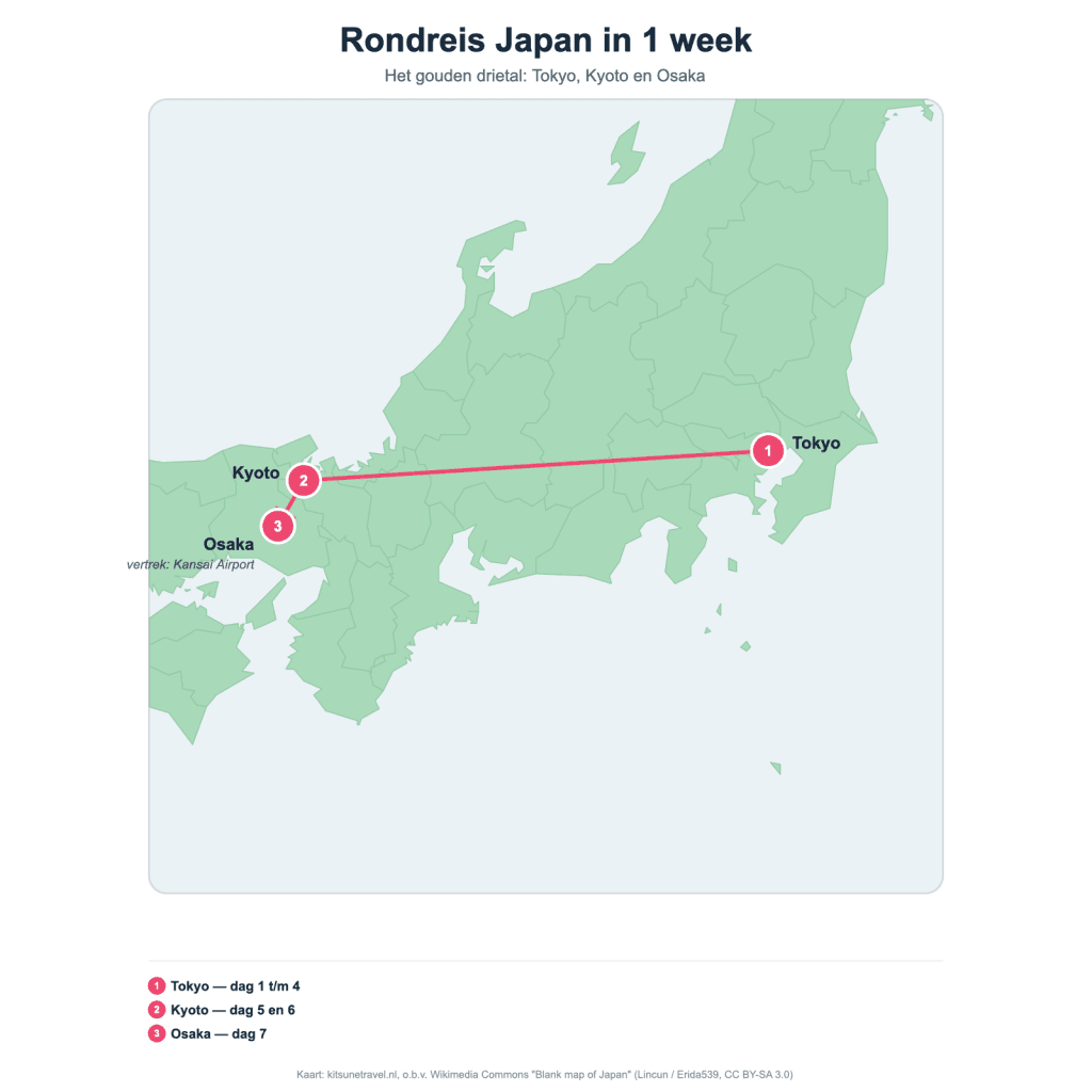 Rondreis door Japan: de beste route voor 1, 2 of 3 weken (met kinderen) – Kitsune Travel Kaart van de 1-weekroute door Japan: Tokyo, Kyoto en Osaka