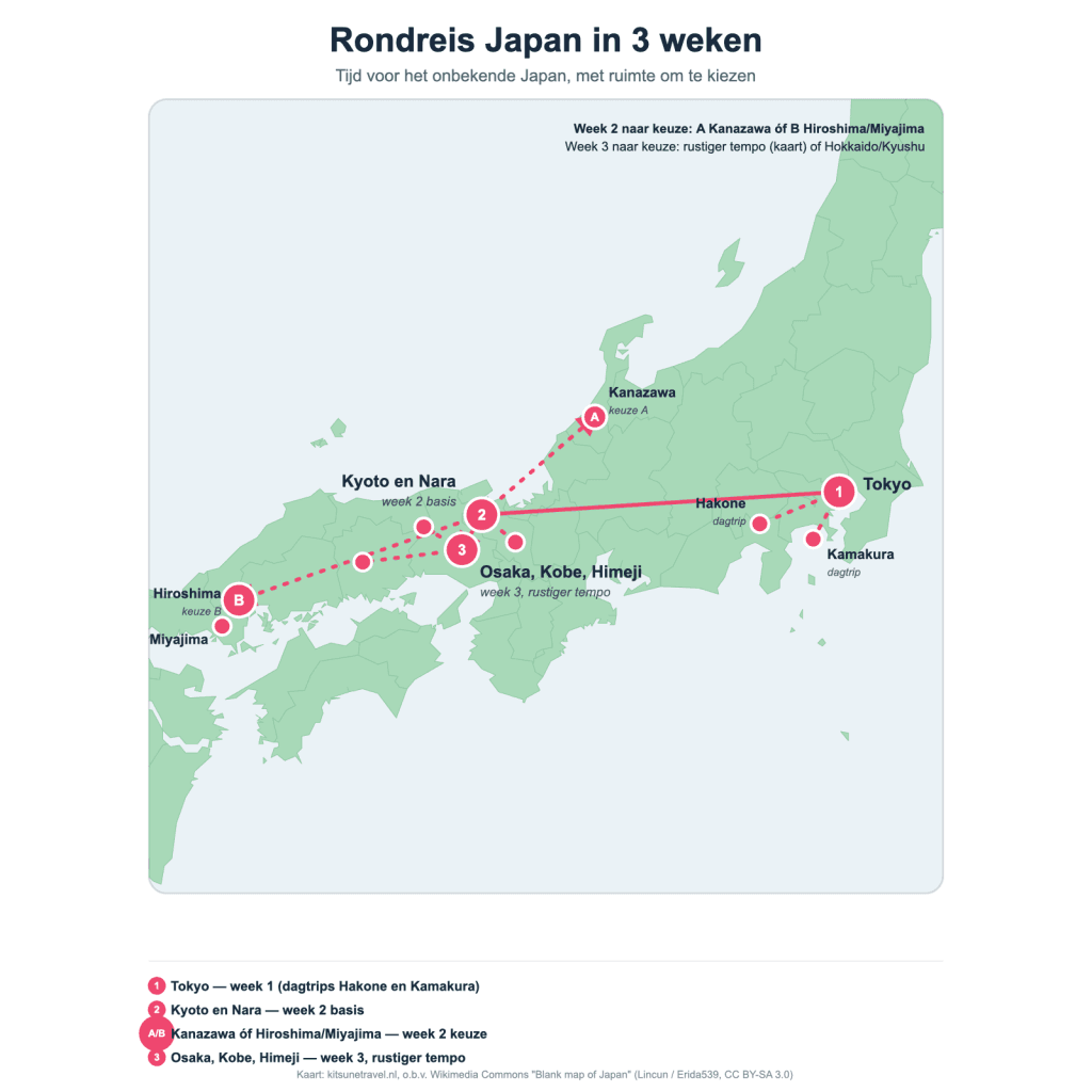 Rondreis door Japan: de beste route voor 1, 2 of 3 weken (met kinderen) – Kitsune Travel Kaart van de 3-wekenroute door Japan: Tokyo, Kyoto en Nara, met keuze tussen Kanazawa of Hiroshima/Miyajima, en Osaka