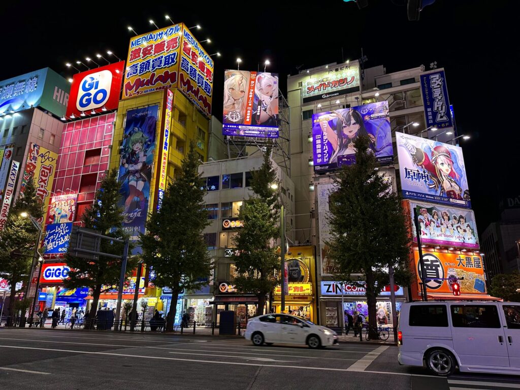 Gekleurde reclameborden en gamehallen in Akihabara Electric Town in de avond