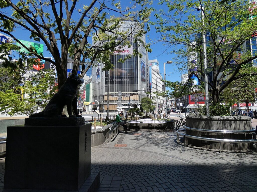 Het bronzen standbeeld van de hond Hachiko op het plein bij Shibuya Station