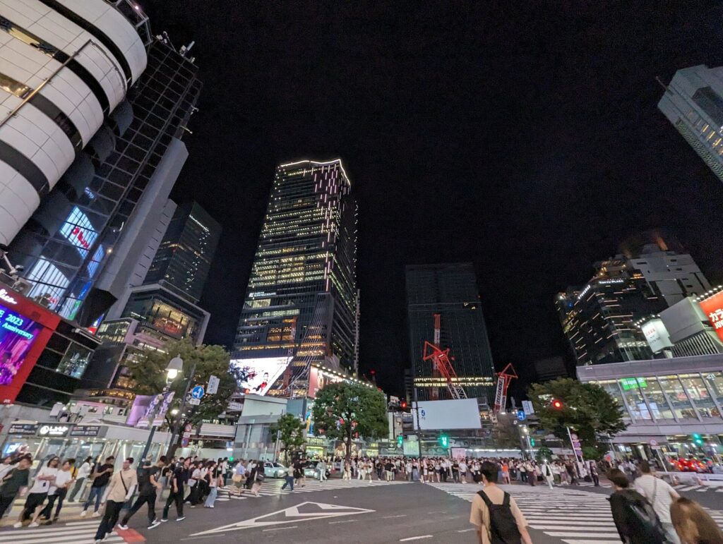 De Shibuya-oversteekplaats in de avond, met voetgangers uit alle richtingen